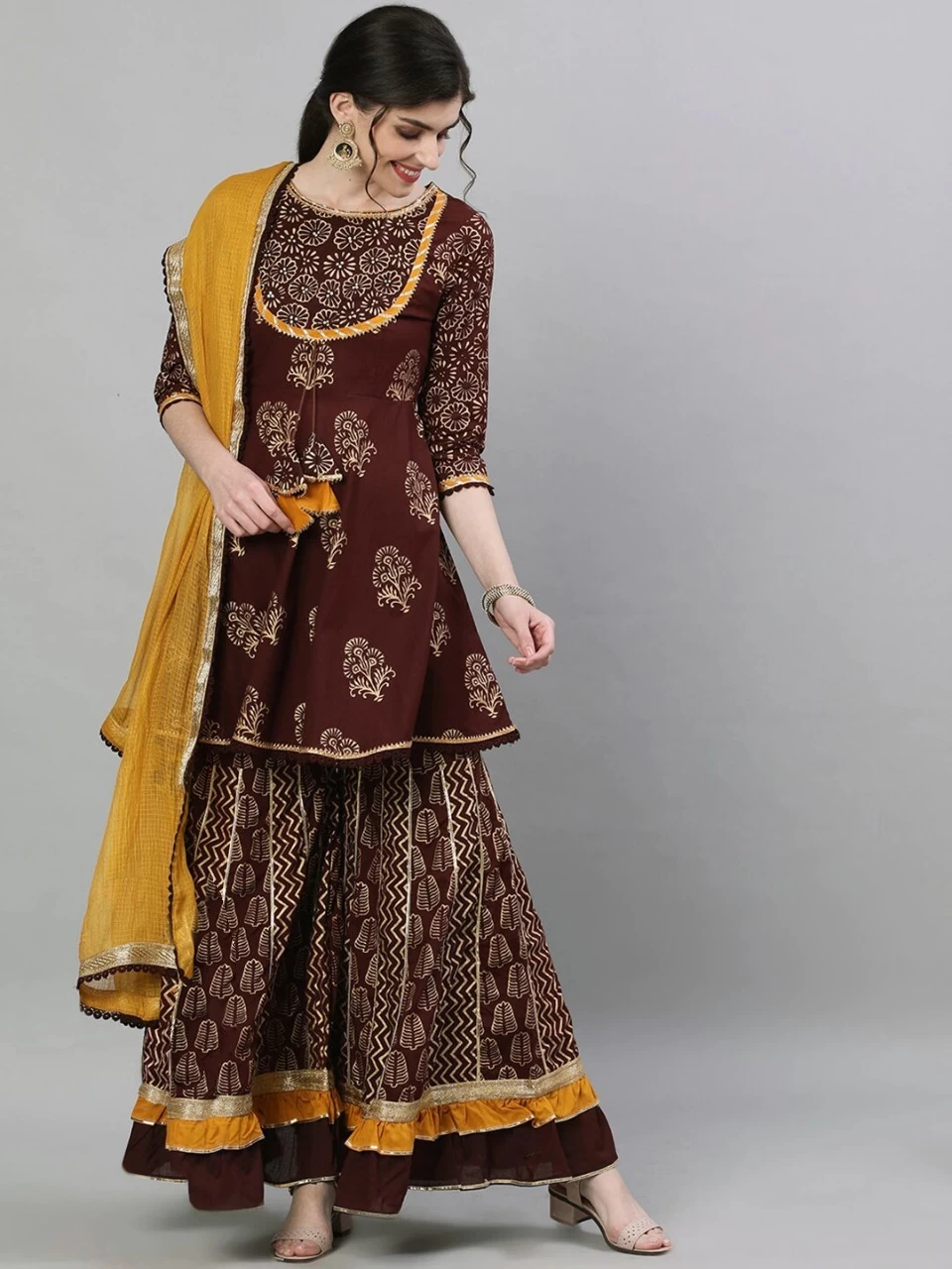 Pure AC Cotton Embellished Peplum Kurta and Sharara with Dupatta