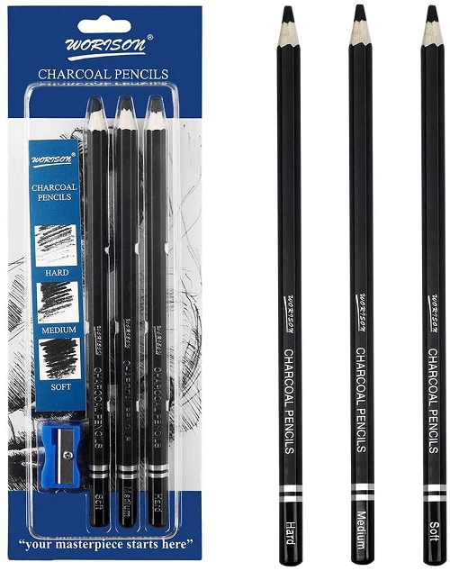 Worison Black Charcoal Pencils With sharpner (Hard,Midium,Soft) - 3 Pcs