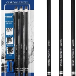 Worison Black Charcoal Pencils With sharpner (Hard,Midium,Soft) - 3 Pcs